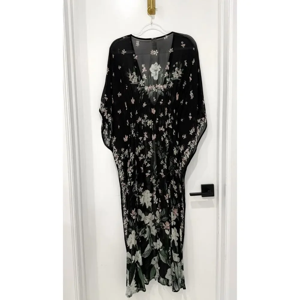 Agua Bendita floral kimono tunic beach cover-up, botanical floral pattern